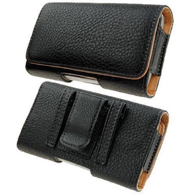 Black Leather Pouch Holster Case with Metal Belt Clip Fits 5.5  inch Size Phone
